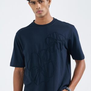 7 alt share Navy Relaxed Fit Self-Embroidered Crew Neck T-Shirt
