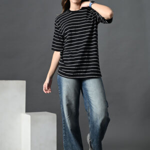 CORSICA Women Bio Finish Striped Round Neck Cotton Relaxed Fit T-shirt