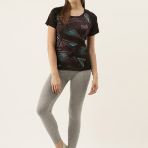 Campus Sutra Women Black & Charcoal Grey Abstract Print Round Neck Running T-shirt