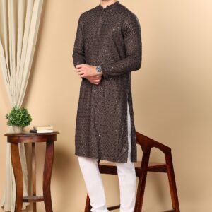 TATTVA Floral Embroidered Mandarin Collar Sequinned Pure Cotton Straight Kurta With Pyjama