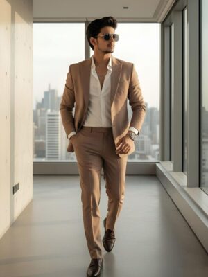 Men's Stylish Partywear Terry Rayon Fabric Beige Color Coat Pant Set_